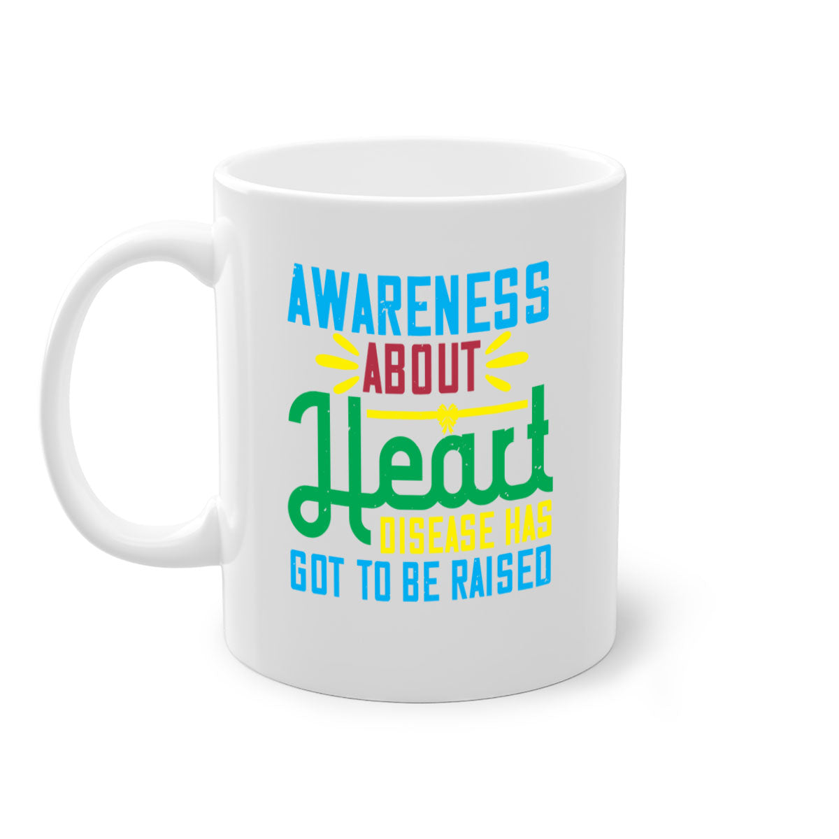 Two-tone ceramic mug with colored handle and glossy finish, promoting heart disease awareness.