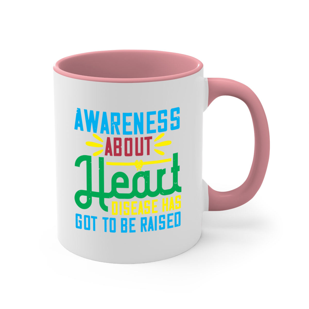 Two-tone ceramic mug with colored handle and glossy finish, promoting heart disease awareness.