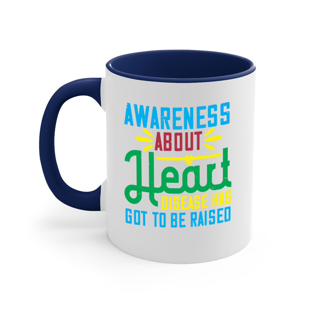 Two-tone ceramic mug with colored handle and glossy finish, promoting heart disease awareness.