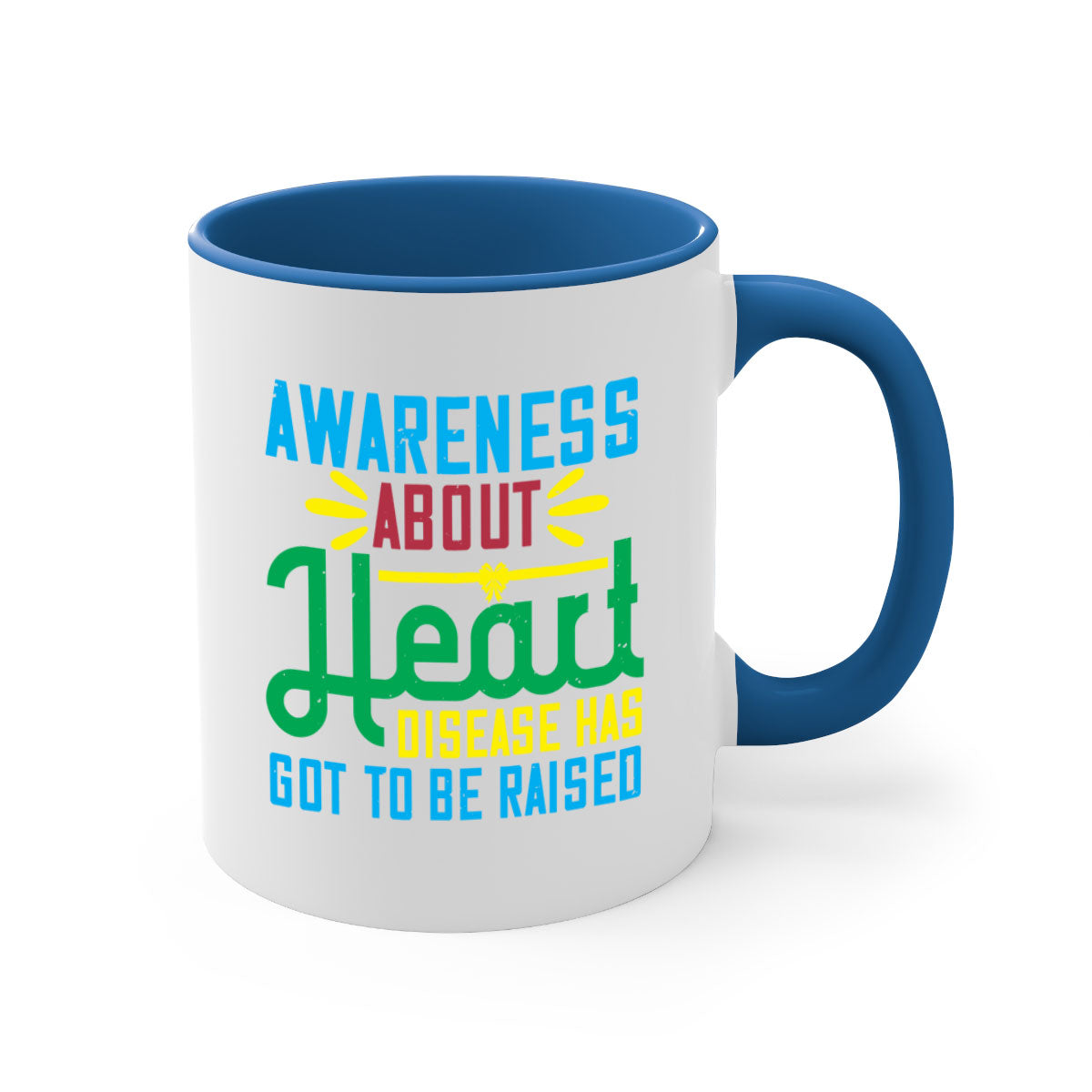 Two-tone ceramic mug with colored handle and glossy finish, promoting heart disease awareness.