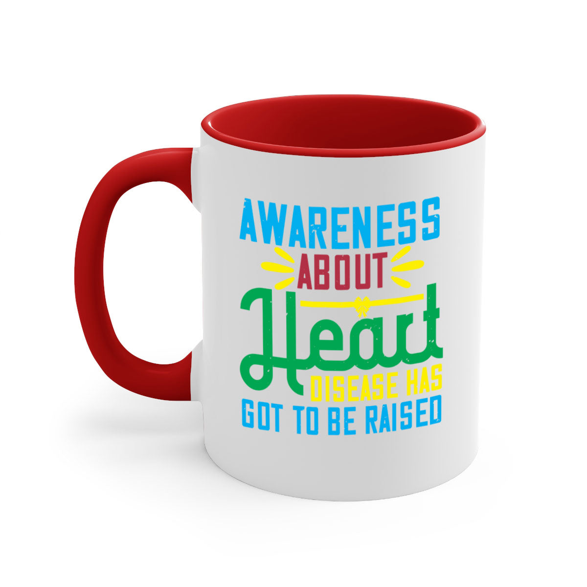 Two-tone ceramic mug with colored handle and glossy finish, promoting heart disease awareness.