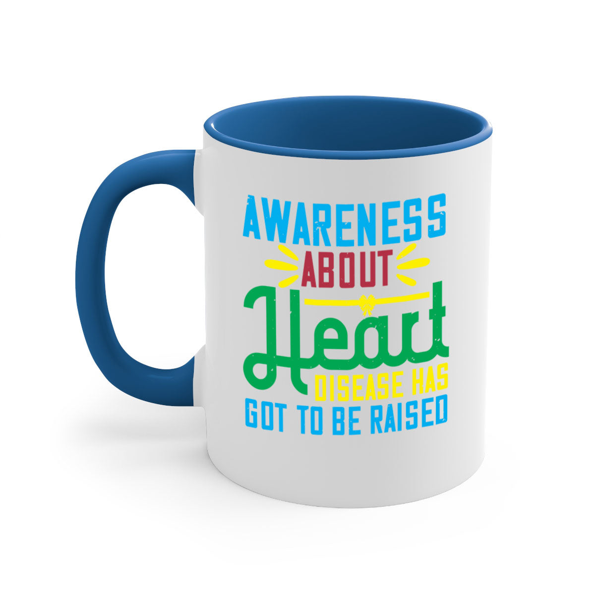 Two-tone ceramic mug with colored handle and glossy finish, promoting heart disease awareness.