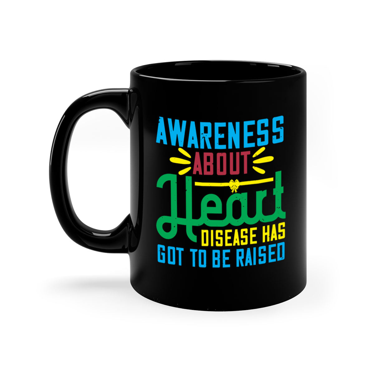 Two-tone ceramic mug with colored handle and glossy finish, promoting heart disease awareness.