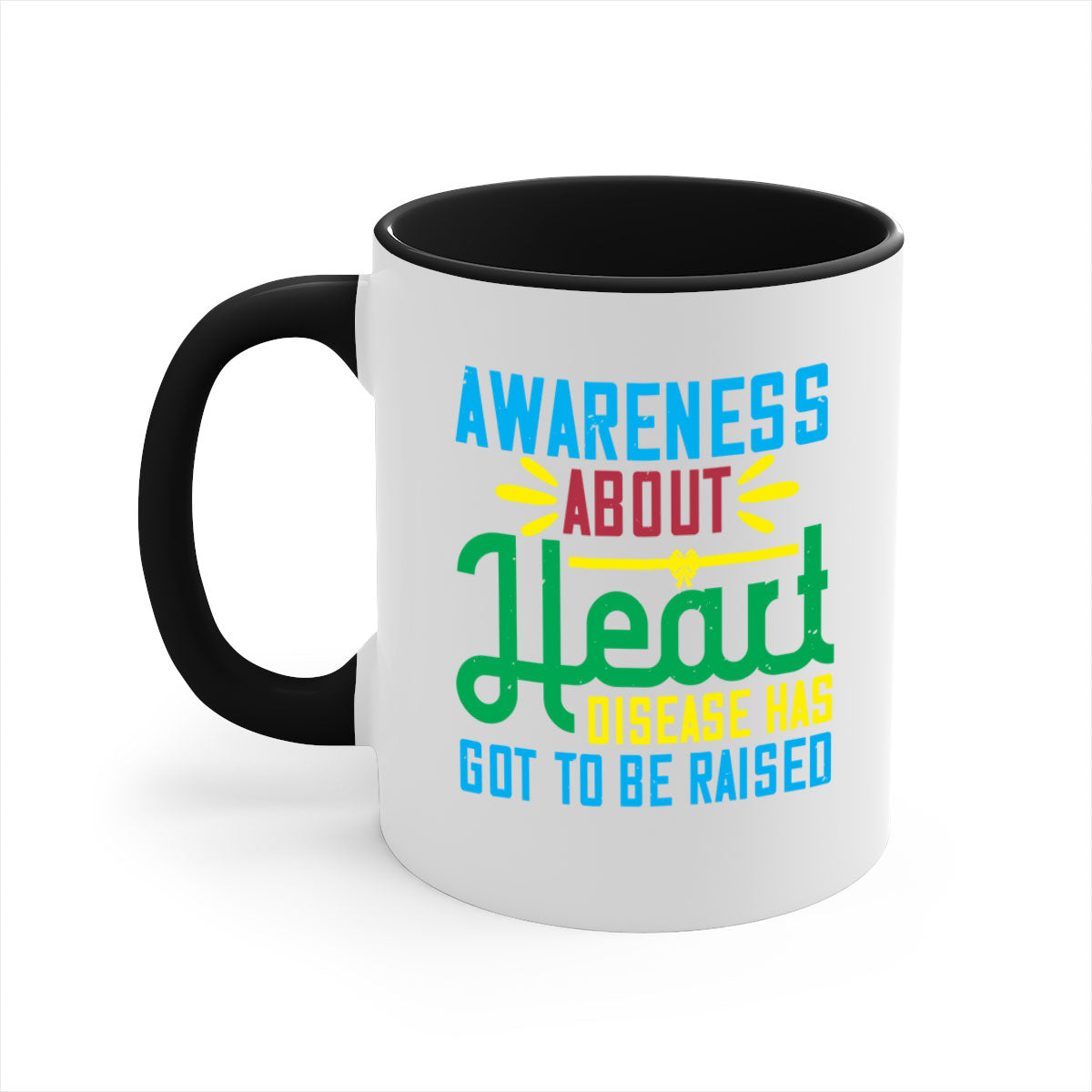 Two-tone ceramic mug with colored handle and glossy finish, promoting heart disease awareness.