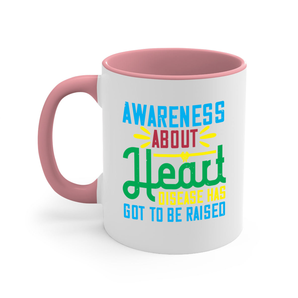 Two-tone ceramic mug with colored handle and glossy finish, promoting heart disease awareness.