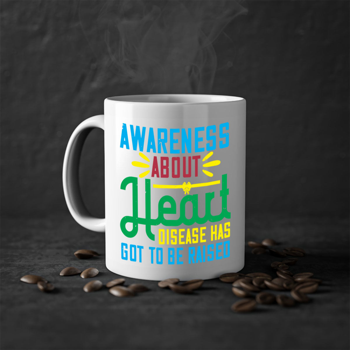 Two-tone ceramic mug with colored handle and glossy finish, promoting heart disease awareness.