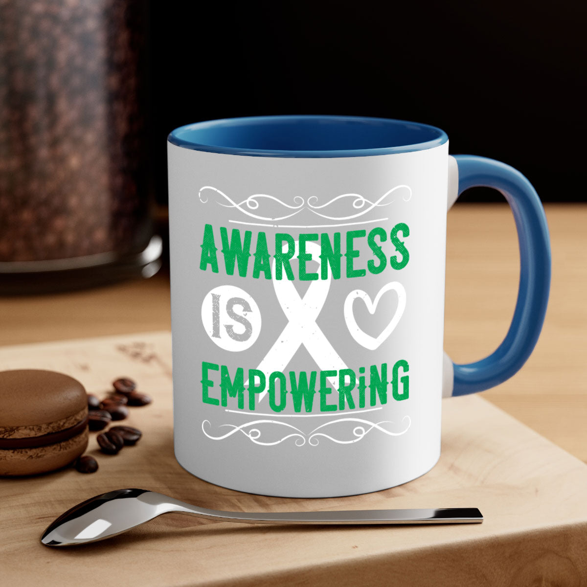 Awareness is Empowering Style 17# Mug with colorful handle and glossy finish, available in multiple colors and sizes.