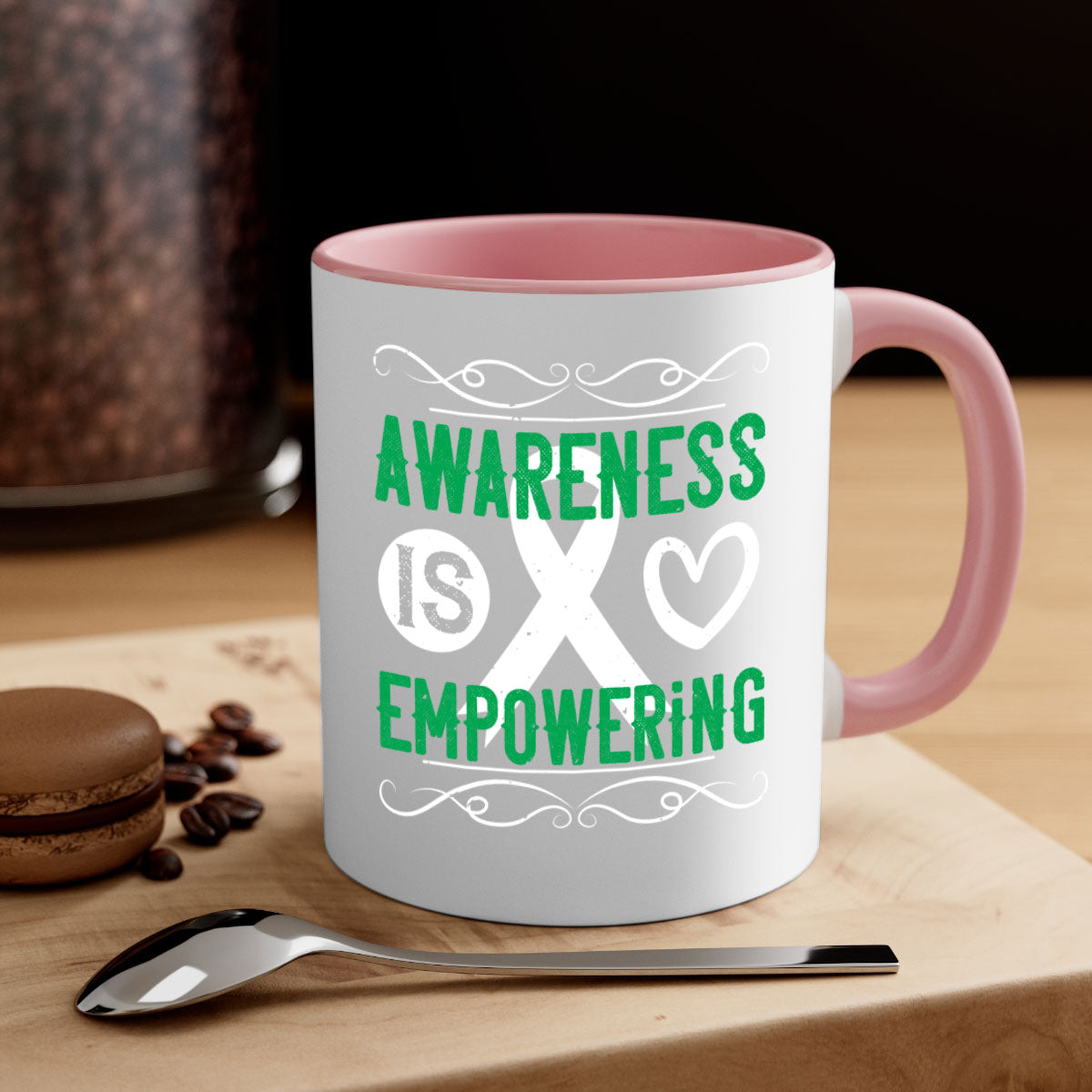 Awareness is Empowering Style 17# Mug with colorful handle and glossy finish, available in multiple colors and sizes.