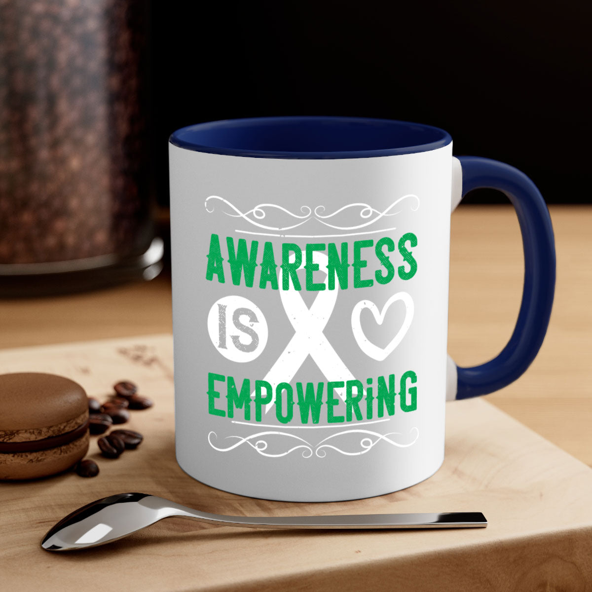 Awareness is Empowering Style 17# Mug with colorful handle and glossy finish, available in multiple colors and sizes.