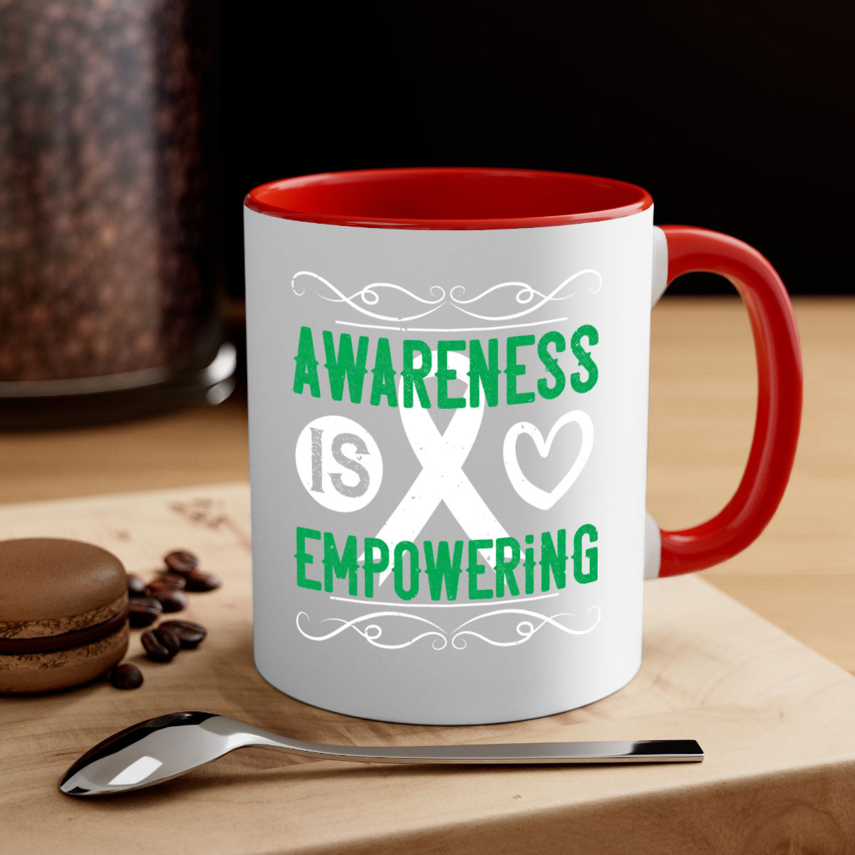 Awareness is Empowering Style 17# Mug with colorful handle and glossy finish, available in multiple colors and sizes.
