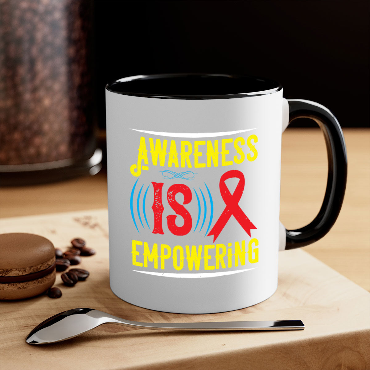 Two-tone Awareness is empowering Style 6# Mug with a glossy finish, featuring a colored handle and interior, available in five colors.