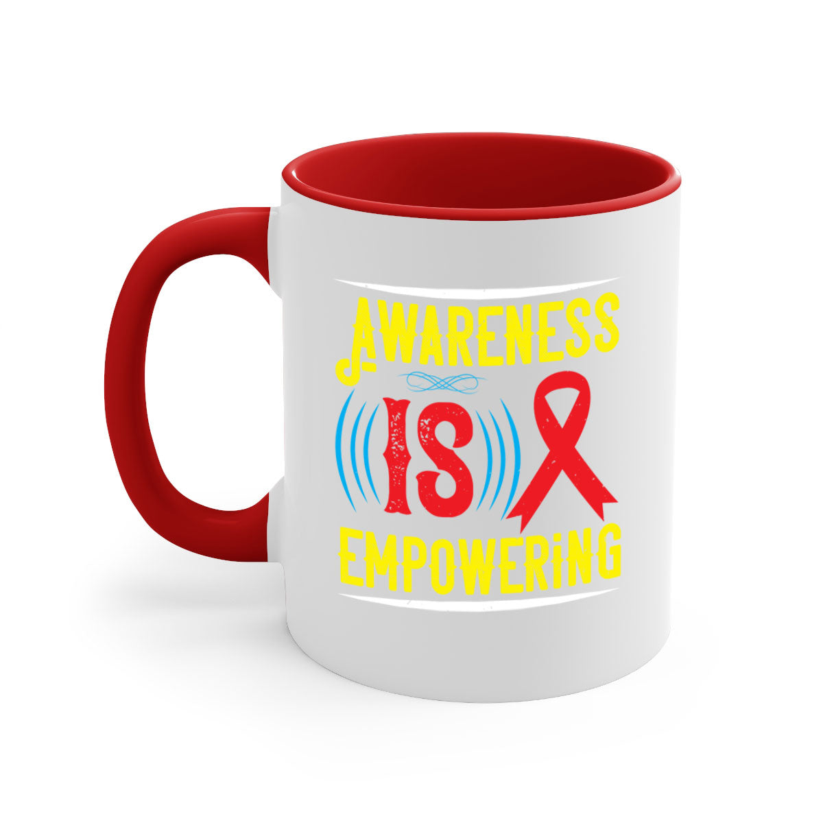 Two-tone Awareness is empowering Style 6# Mug with a glossy finish, featuring a colored handle and interior, available in five colors.