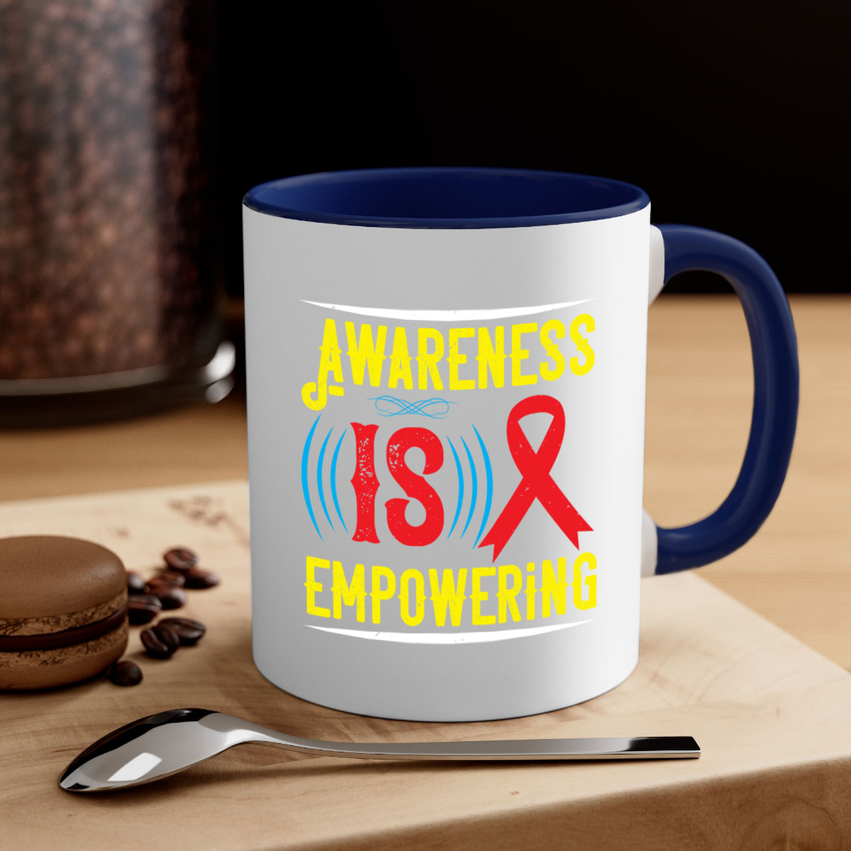 Two-tone Awareness is empowering Style 6# Mug with a glossy finish, featuring a colored handle and interior, available in five colors.