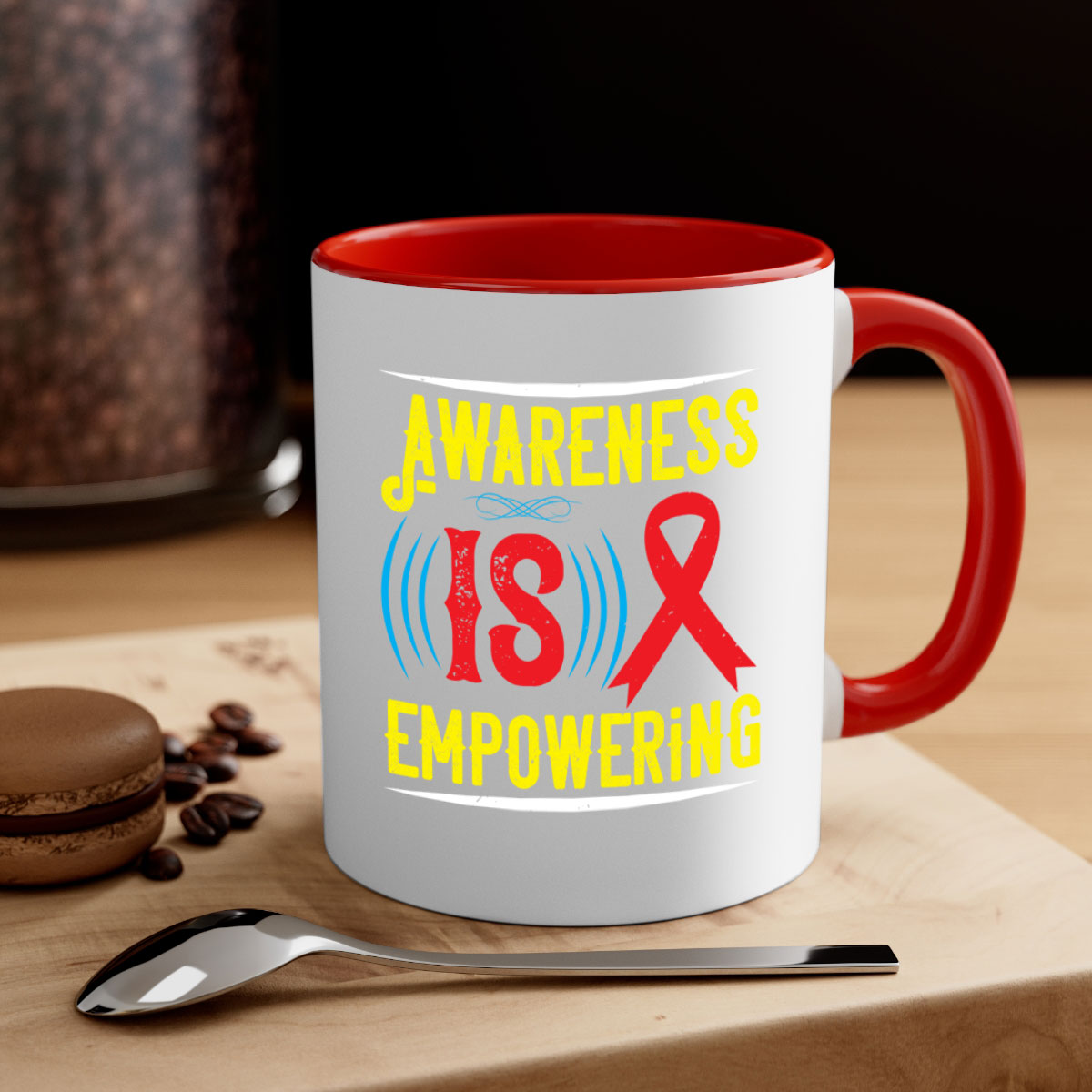 Two-tone Awareness is empowering Style 6# Mug with a glossy finish, featuring a colored handle and interior, available in five colors.