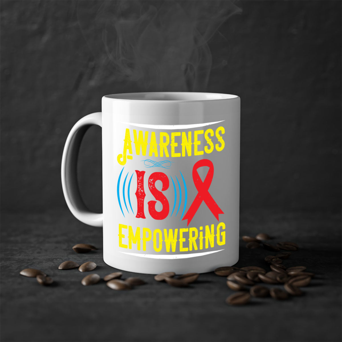 Two-tone Awareness is empowering Style 6# Mug with a glossy finish, featuring a colored handle and interior, available in five colors.