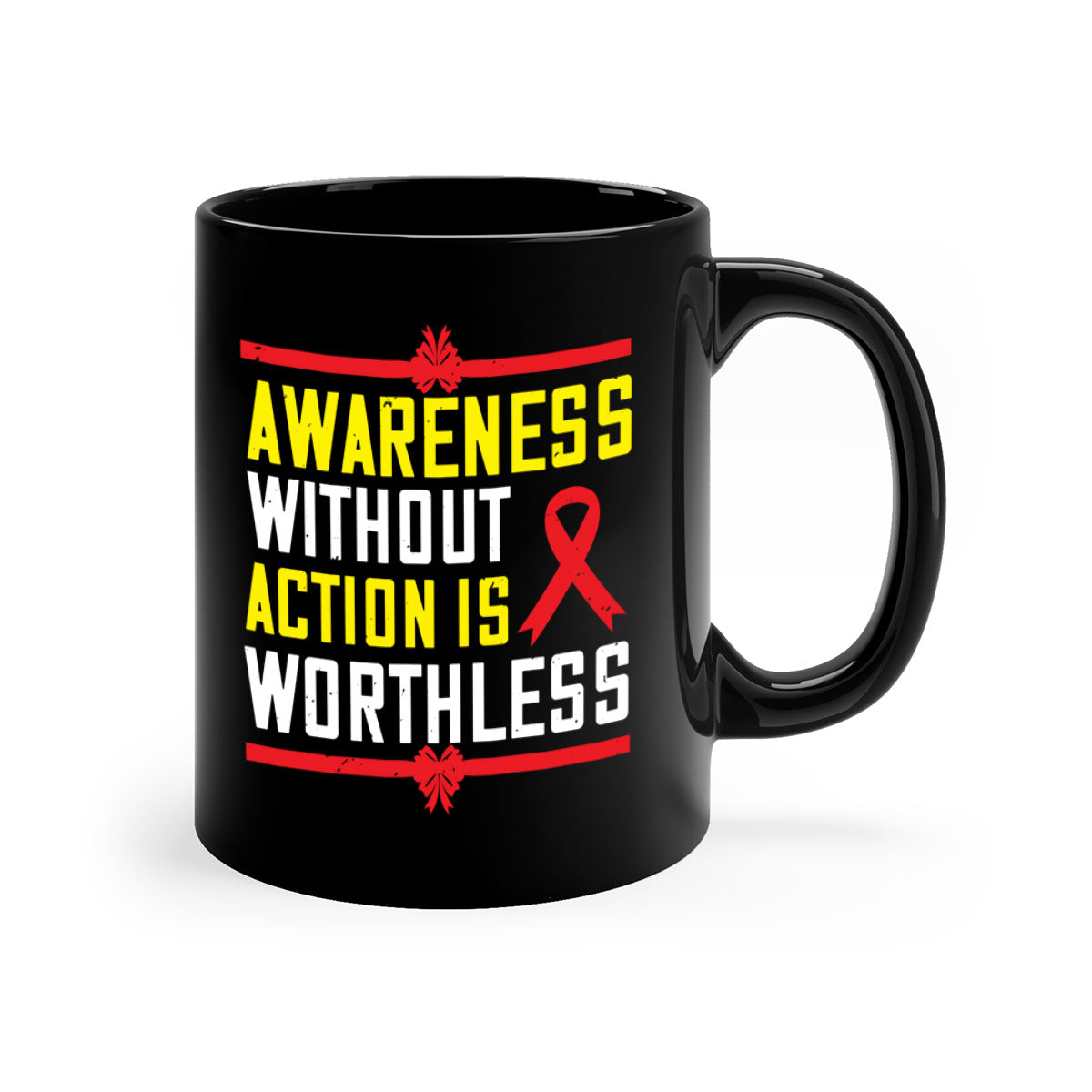 Awareness without action is worthless Style 3# mug featuring a glossy finish, colored handle, and interior, available in multiple colors.