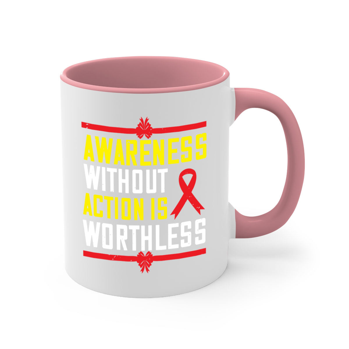 Awareness without action is worthless Style 3# mug featuring a glossy finish, colored handle, and interior, available in multiple colors.