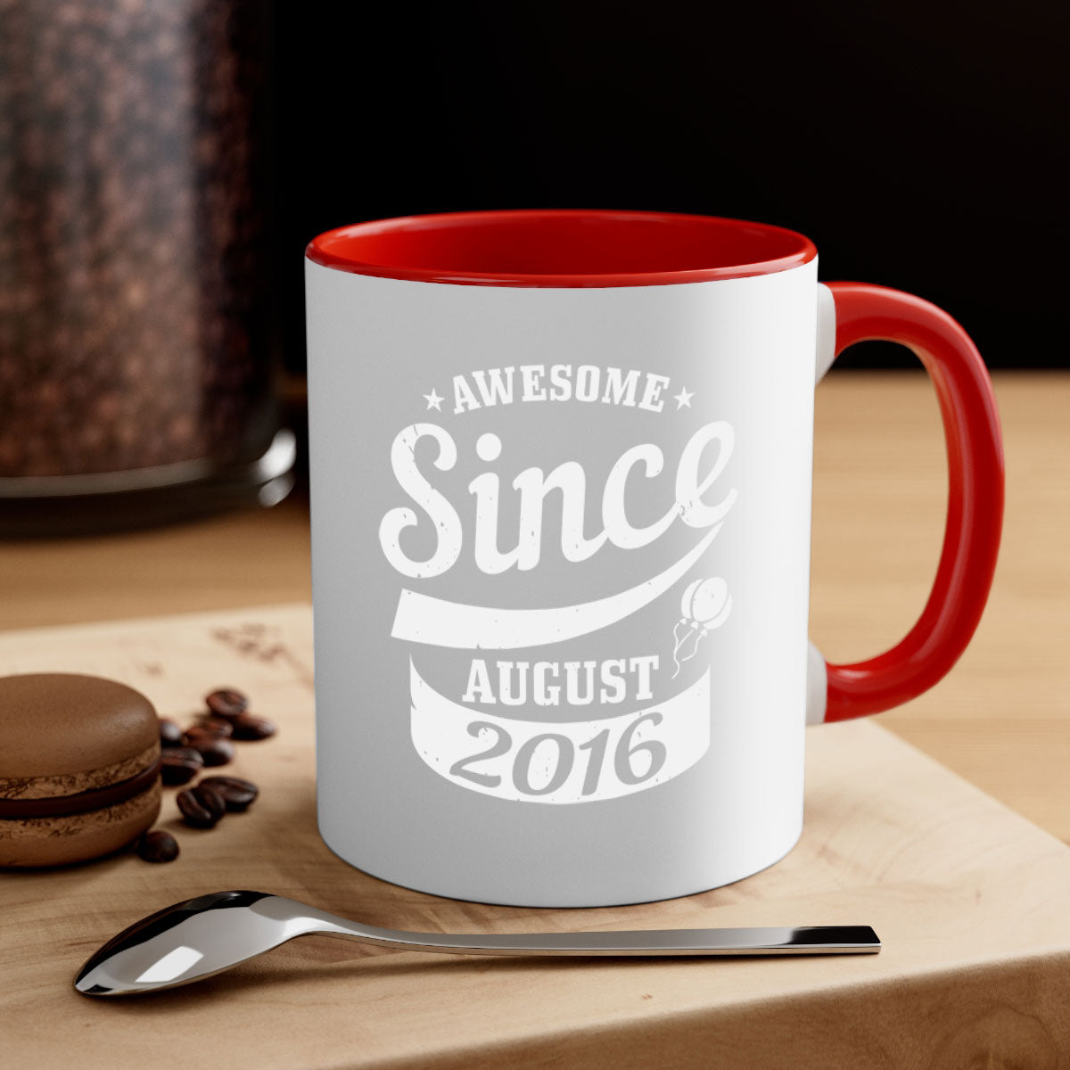 Awesome since August Style 11# Mug with colorful handle and interior, glossy finish, available in two sizes.