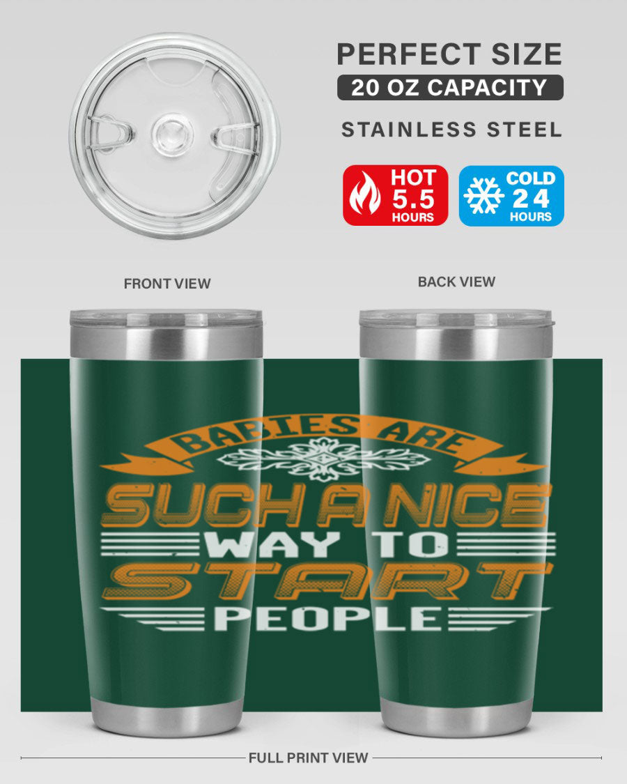 Stylish 20oz and 30oz stainless steel tumblers with a baby shower theme, featuring double wall vacuum insulation and a drink-thru lid.