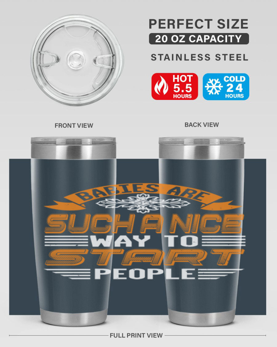 Stylish 20oz and 30oz stainless steel tumblers with a baby shower theme, featuring double wall vacuum insulation and a drink-thru lid.