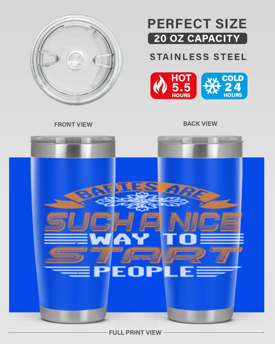 Stylish 20oz and 30oz stainless steel tumblers with a baby shower theme, featuring double wall vacuum insulation and a drink-thru lid.