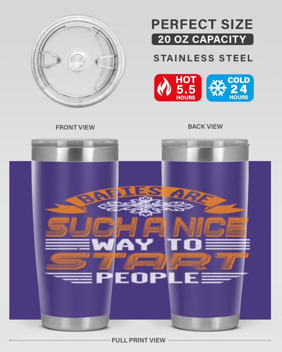 Stylish 20oz and 30oz stainless steel tumblers with a baby shower theme, featuring double wall vacuum insulation and a drink-thru lid.