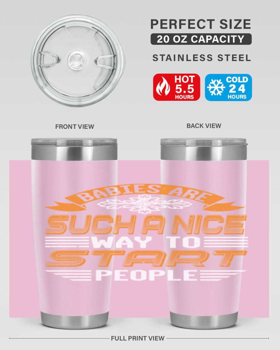 Stylish 20oz and 30oz stainless steel tumblers with a baby shower theme, featuring double wall vacuum insulation and a drink-thru lid.