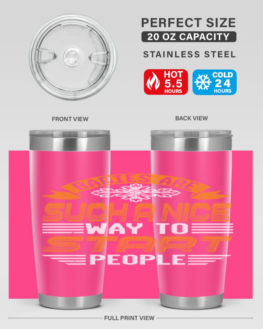 Stylish 20oz and 30oz stainless steel tumblers with a baby shower theme, featuring double wall vacuum insulation and a drink-thru lid.