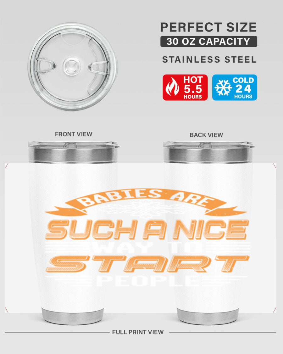 Stylish 20oz and 30oz stainless steel tumblers with a baby shower theme, featuring double wall vacuum insulation and a drink-thru lid.