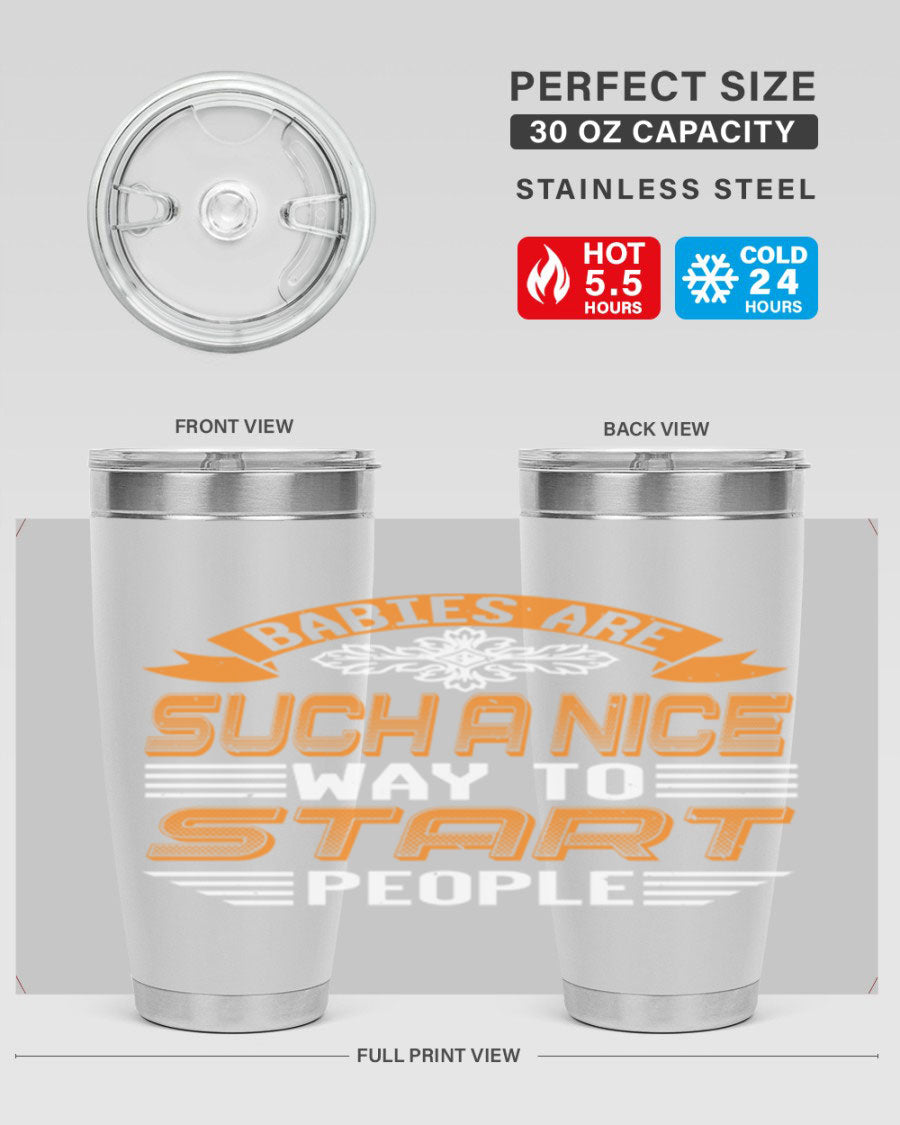 Stylish 20oz and 30oz stainless steel tumblers with a baby shower theme, featuring double wall vacuum insulation and a drink-thru lid.