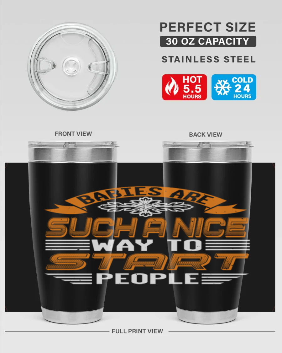 Stylish 20oz and 30oz stainless steel tumblers with a baby shower theme, featuring double wall vacuum insulation and a drink-thru lid.