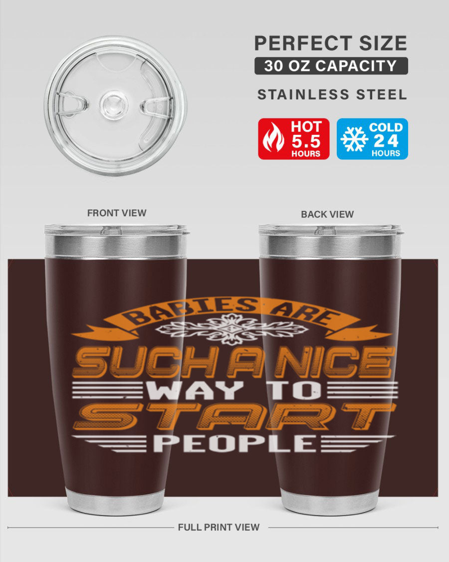 Stylish 20oz and 30oz stainless steel tumblers with a baby shower theme, featuring double wall vacuum insulation and a drink-thru lid.