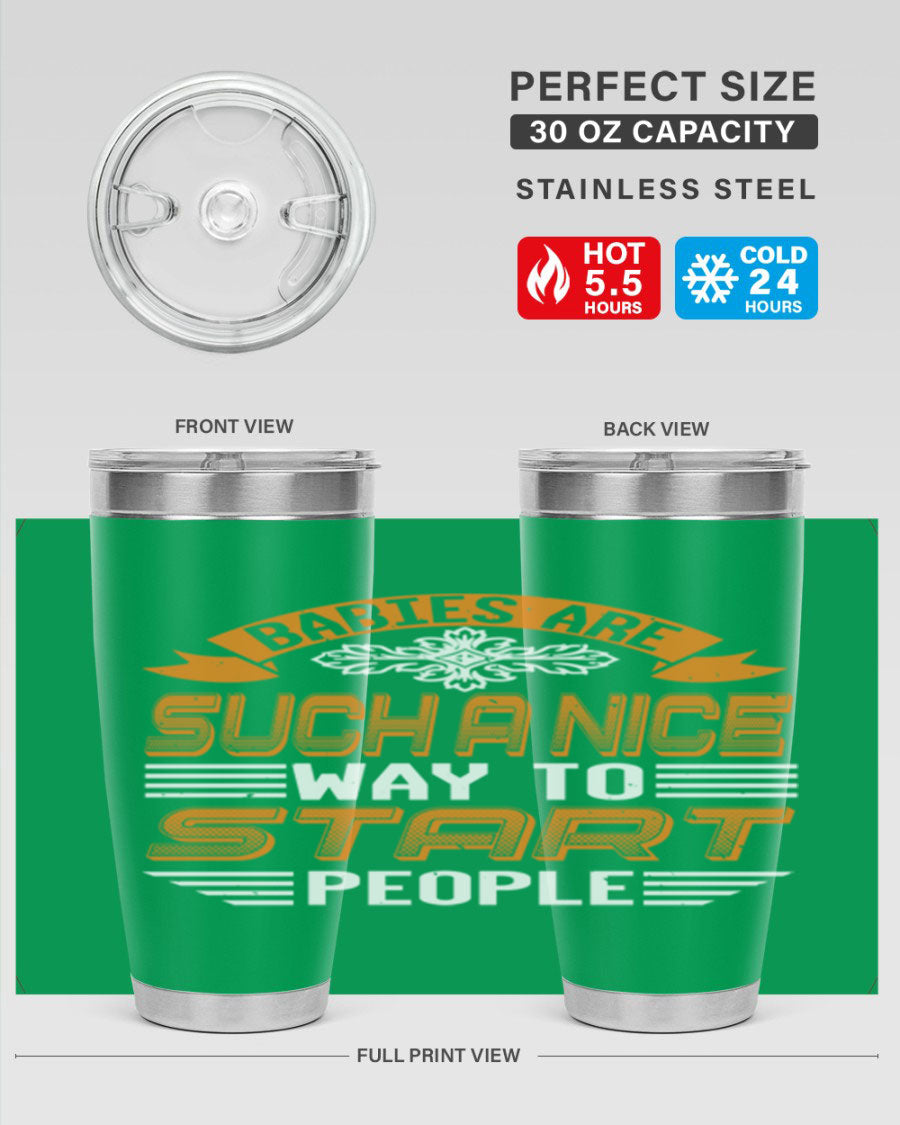 Stylish 20oz and 30oz stainless steel tumblers with a baby shower theme, featuring double wall vacuum insulation and a drink-thru lid.