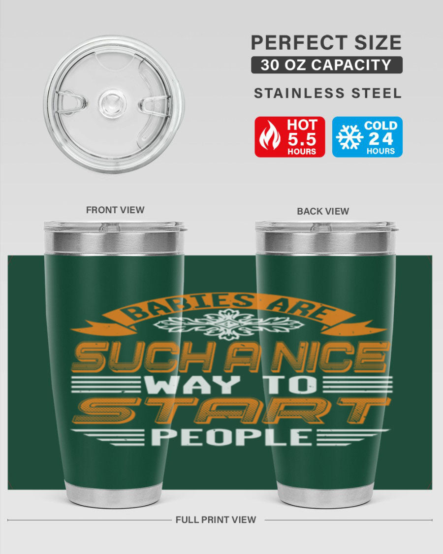 Stylish 20oz and 30oz stainless steel tumblers with a baby shower theme, featuring double wall vacuum insulation and a drink-thru lid.