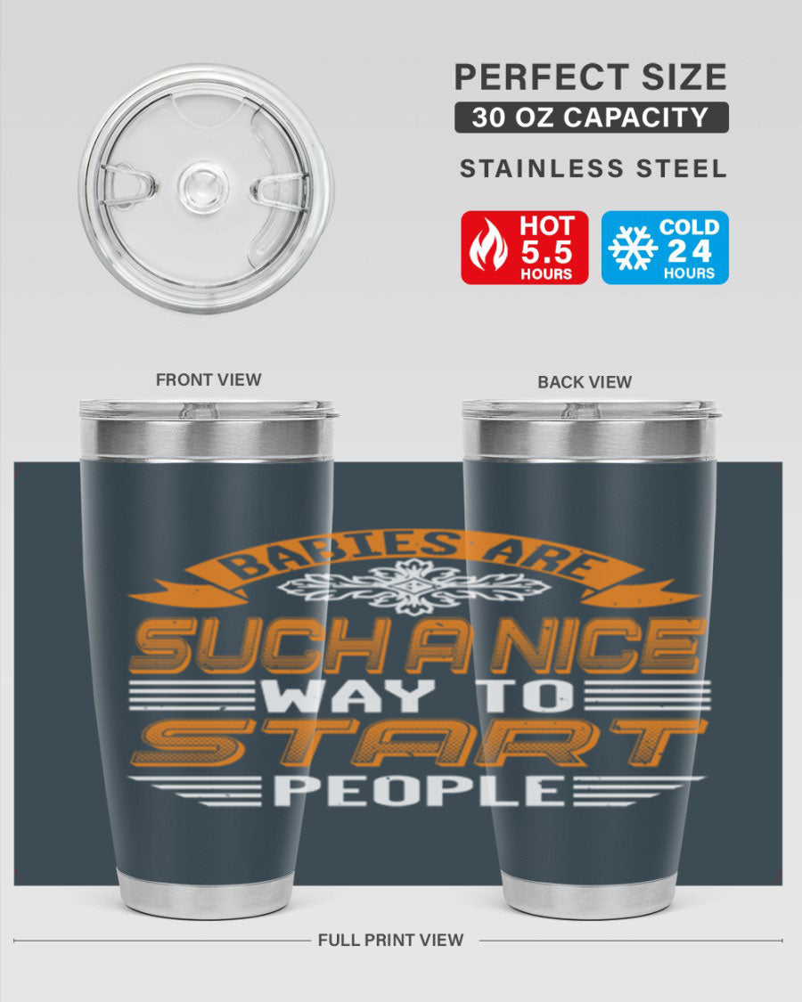 Stylish 20oz and 30oz stainless steel tumblers with a baby shower theme, featuring double wall vacuum insulation and a drink-thru lid.