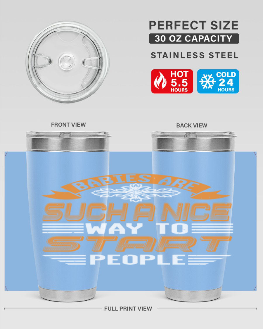 Stylish 20oz and 30oz stainless steel tumblers with a baby shower theme, featuring double wall vacuum insulation and a drink-thru lid.