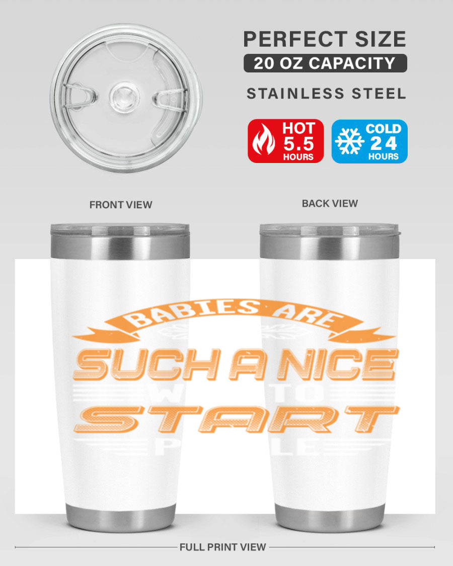 Stylish 20oz and 30oz stainless steel tumblers with a baby shower theme, featuring double wall vacuum insulation and a drink-thru lid.