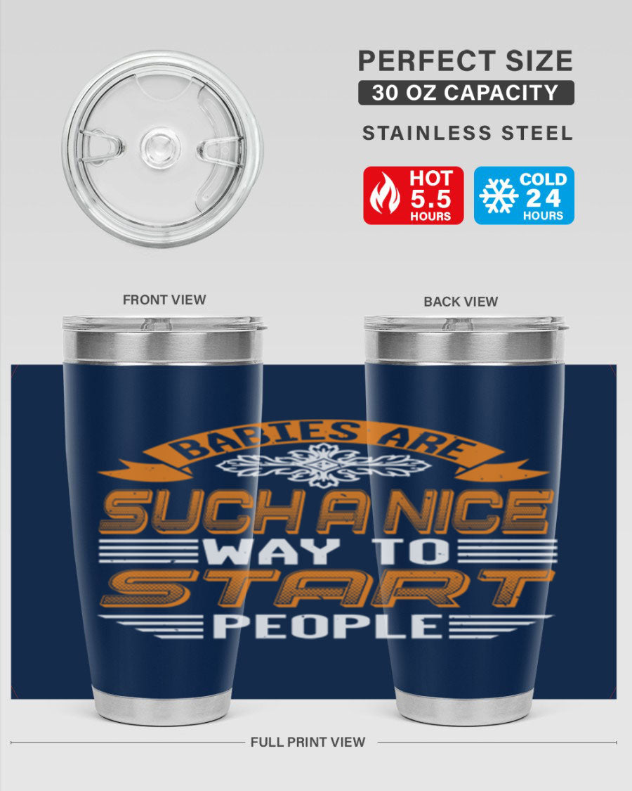 Stylish 20oz and 30oz stainless steel tumblers with a baby shower theme, featuring double wall vacuum insulation and a drink-thru lid.