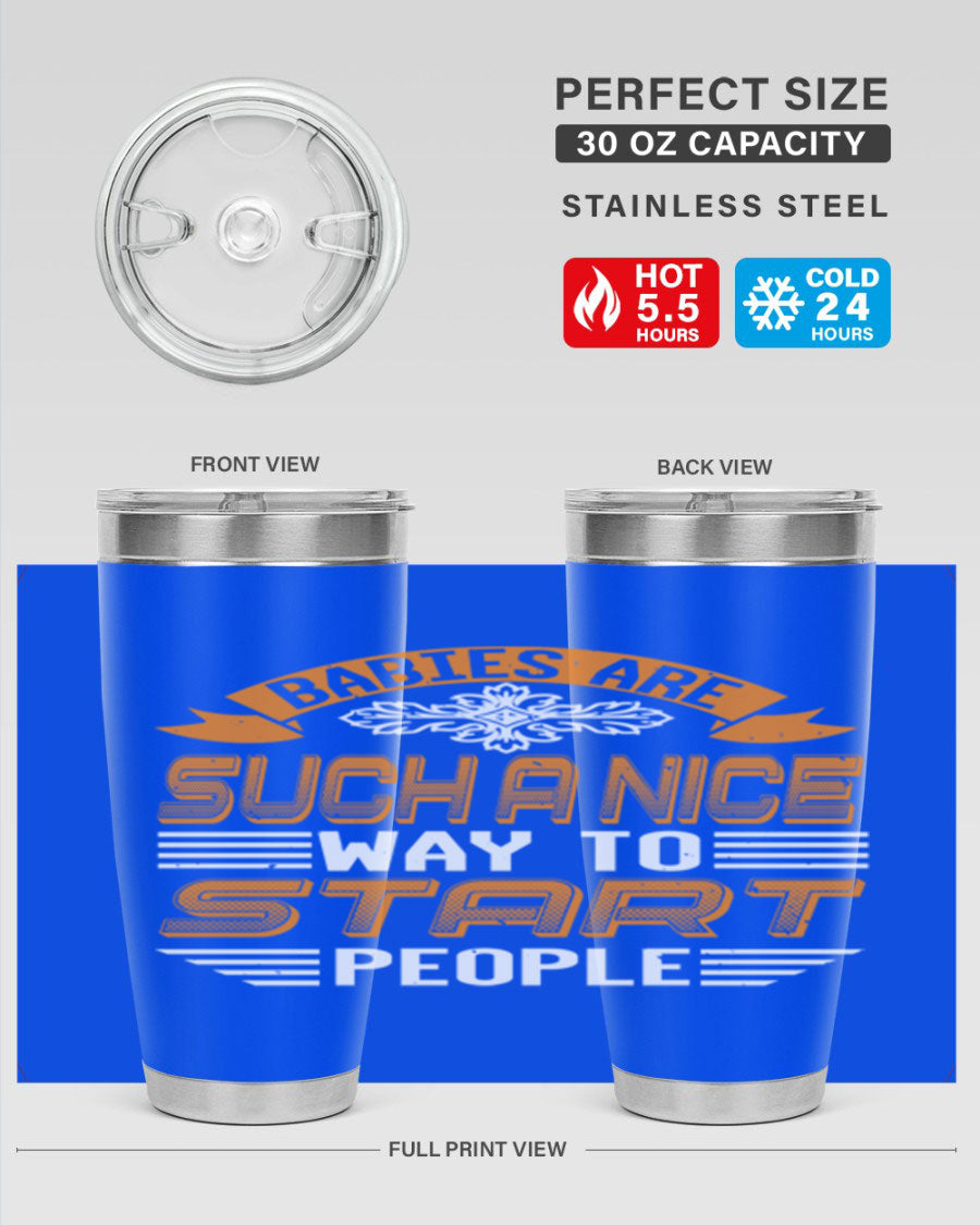 Stylish 20oz and 30oz stainless steel tumblers with a baby shower theme, featuring double wall vacuum insulation and a drink-thru lid.