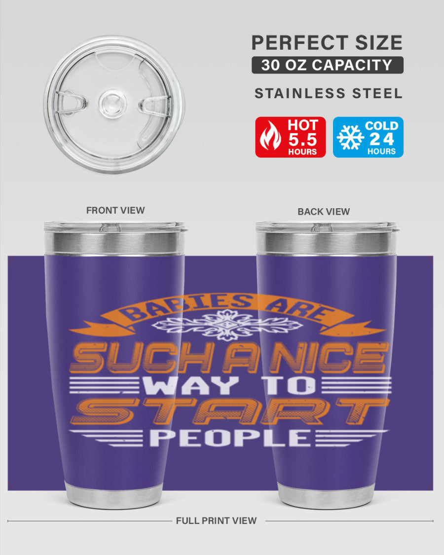 Stylish 20oz and 30oz stainless steel tumblers with a baby shower theme, featuring double wall vacuum insulation and a drink-thru lid.