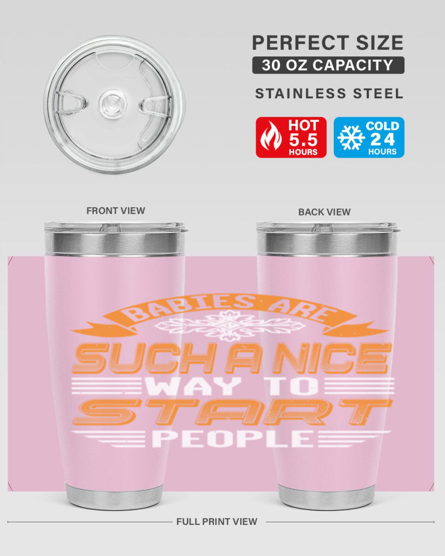 Stylish 20oz and 30oz stainless steel tumblers with a baby shower theme, featuring double wall vacuum insulation and a drink-thru lid.