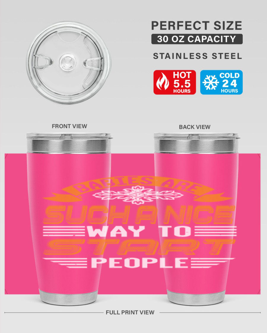 Stylish 20oz and 30oz stainless steel tumblers with a baby shower theme, featuring double wall vacuum insulation and a drink-thru lid.