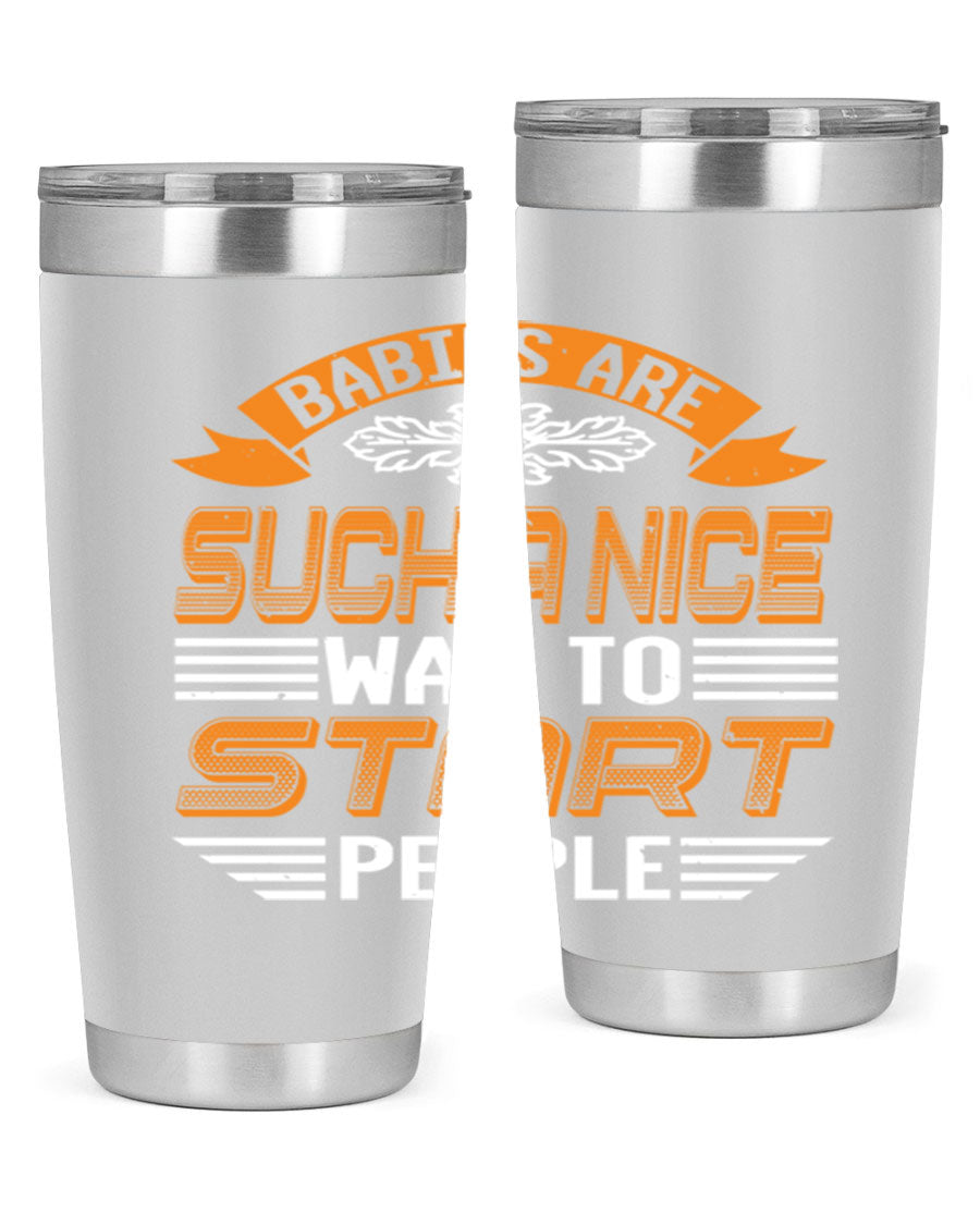 Stylish 20oz and 30oz stainless steel tumblers with a baby shower theme, featuring double wall vacuum insulation and a drink-thru lid.