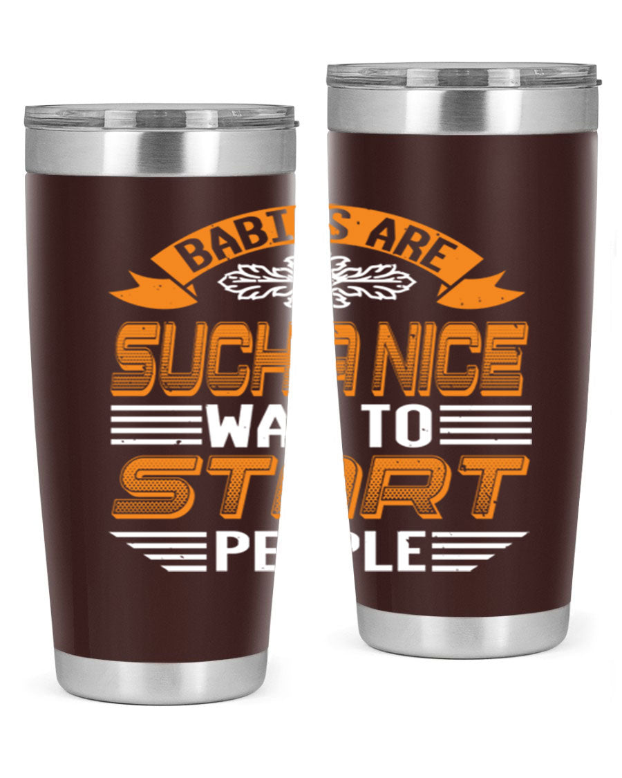 Stylish 20oz and 30oz stainless steel tumblers with a baby shower theme, featuring double wall vacuum insulation and a drink-thru lid.