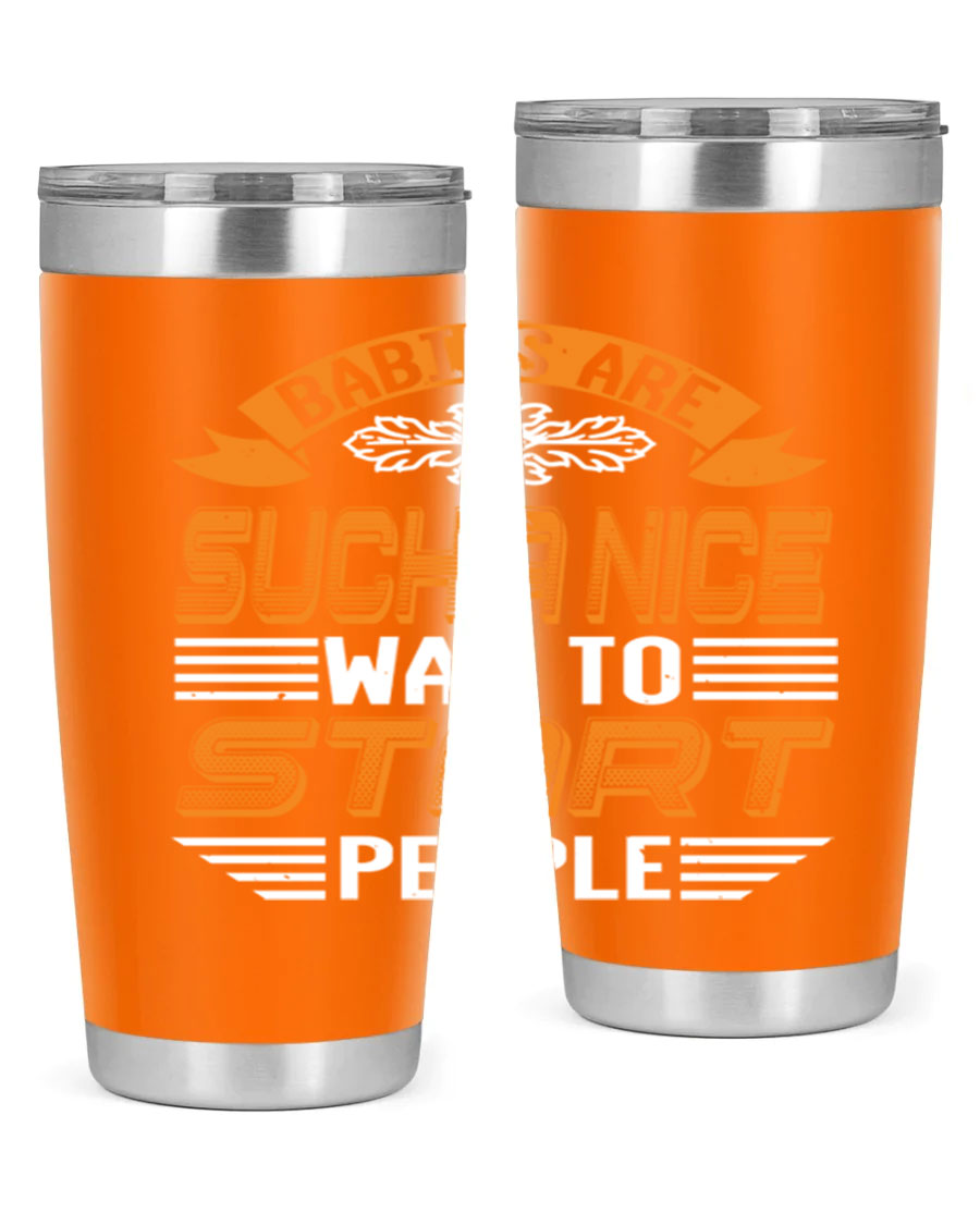 Stylish 20oz and 30oz stainless steel tumblers with a baby shower theme, featuring double wall vacuum insulation and a drink-thru lid.