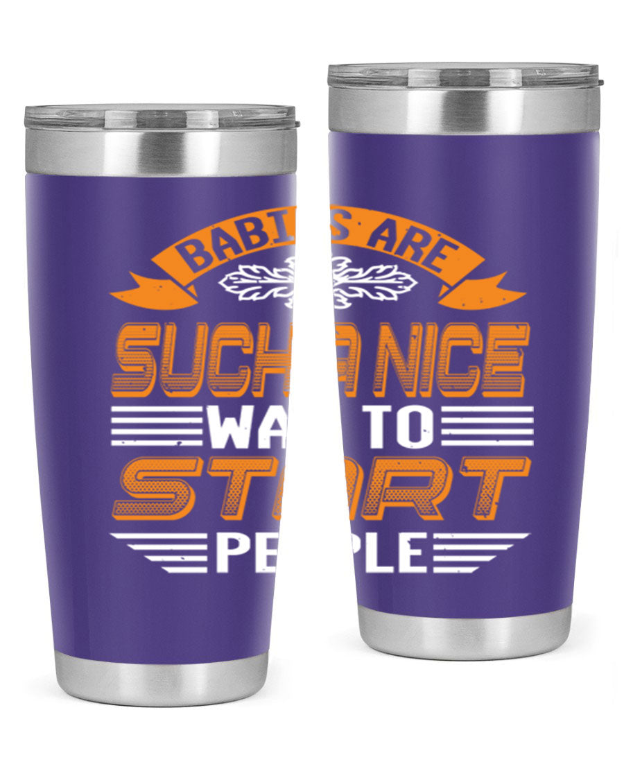 Stylish 20oz and 30oz stainless steel tumblers with a baby shower theme, featuring double wall vacuum insulation and a drink-thru lid.