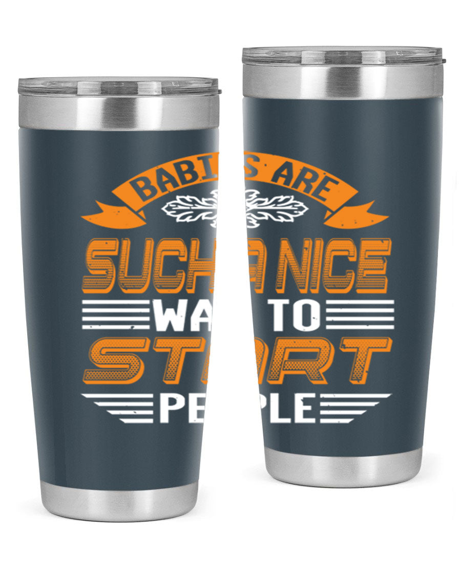 Stylish 20oz and 30oz stainless steel tumblers with a baby shower theme, featuring double wall vacuum insulation and a drink-thru lid.