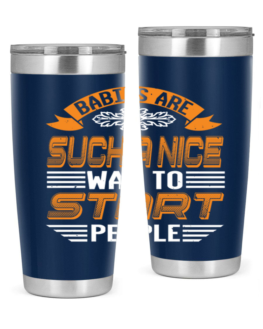 Stylish 20oz and 30oz stainless steel tumblers with a baby shower theme, featuring double wall vacuum insulation and a drink-thru lid.