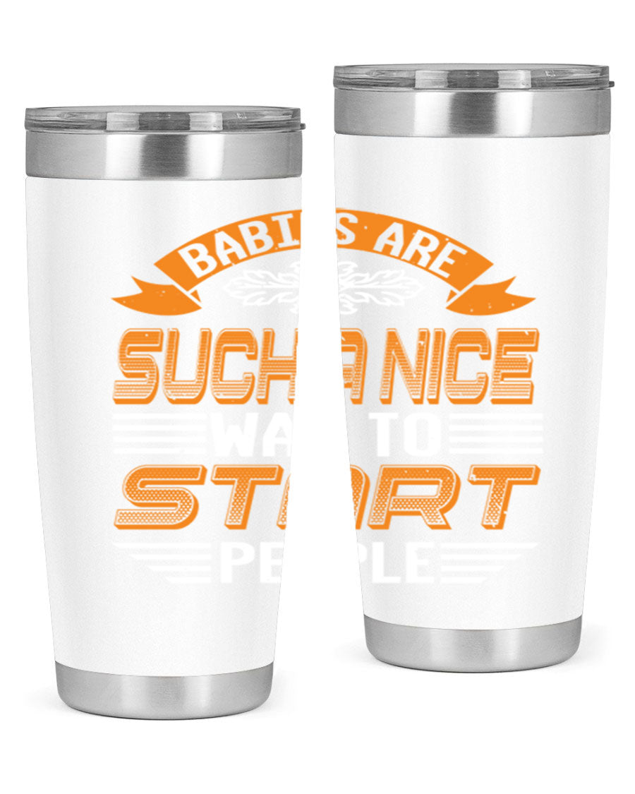 Stylish 20oz and 30oz stainless steel tumblers with a baby shower theme, featuring double wall vacuum insulation and a drink-thru lid.