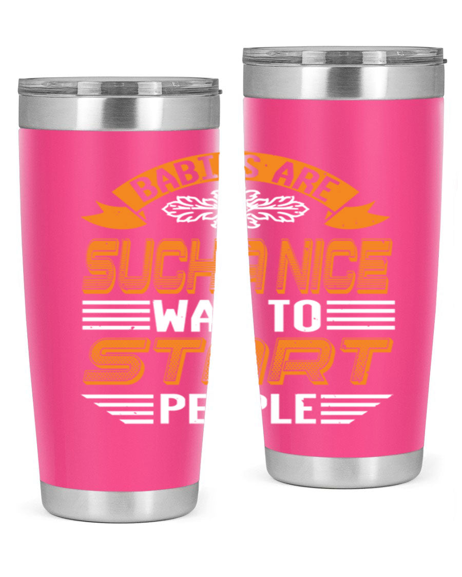 Stylish 20oz and 30oz stainless steel tumblers with a baby shower theme, featuring double wall vacuum insulation and a drink-thru lid.